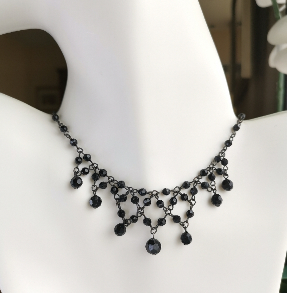 Vintage Czech Jet Black  Crystal necklace fire polished beads